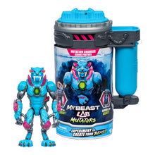 Blue and black action figure with neon green chest emblem, plus blue lab container