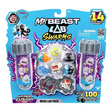 Front of collectible mini figure lab swarm set blister with two clear tubes and 14 micro beasts