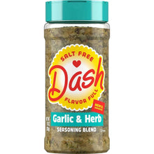 Salt-free garlic & herb seasoning bottle with Dash label and teal cap
