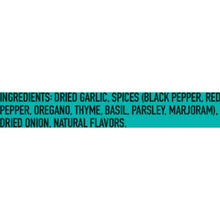 Ingredients panel on garlic & herb seasoning bottle