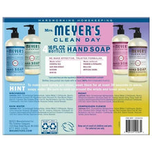 Hand soap variety pack back panel with 4 pump bottles and scent notes; Mrs. Meyer's Clean Day