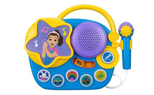 Children's karaoke boombox, blue with purple speaker and yellow microphone.