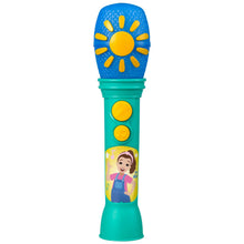 Children's sing-along microphone in teal with yellow sun light panel and buttons