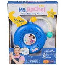 Ms. Rachel sing-along song player in retail packaging, blue device with curved handle