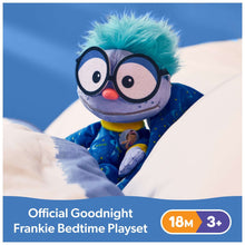 Goodnight Frankie plush toy with teal tufted hood on bedding, box front