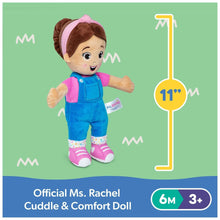 11-inch Ms. Rachel cuddly comfort doll in blue overalls with pink hood and white shoes