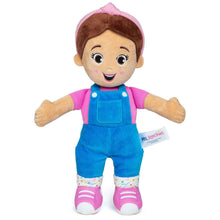 11-inch Ms. Rachel plush doll in blue overalls with pink sleeves and white sneakers