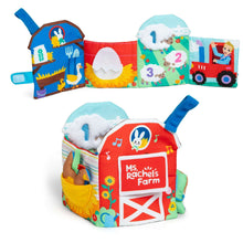 Foldable plush farm sensory learning cube with number panels and blue carrying handle