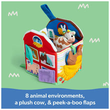 Plush farm sensory cube with peek-a-boo flaps, animal scenes, and top carry handle