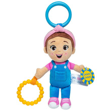 Sensory take-along plush with baby rattle, blue overalls, pink hat and ring teether