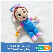 Ms. Rachel 7-inch take-along plush with attached rattle tag and blue handle loop