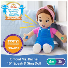 Official 16-inch plush doll seated, brown face, pink shirt, blue overalls, pink headband