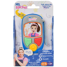 Learning talk phone retail box, blue handset with colorful speaker buttons and character screen