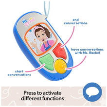 Blue learning talk phone with character screen and multi-button controls for conversations