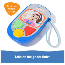 Blue learning talk phone with character screen and green, red, and yellow button controls