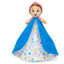 Double-sided plush lovey doll with blue blanket and illustrated musical pattern