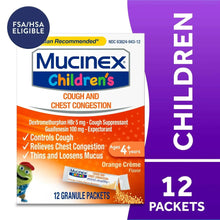 Mucinex Children’s cough medicine box with 12 mini-melt packets, Orange Crème flavor