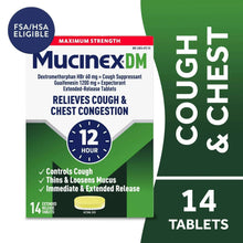 Maximum strength 12-hour cough suppressant and expectorant tablet box, green and white