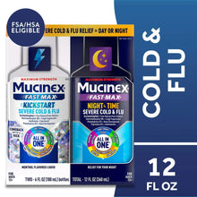Mucinex Fast-Max liquid medicine front, day and nighttime cold & flu bottles