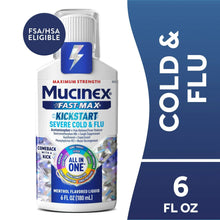 Mucinex Fast-Max Kickstart cold & flu liquid bottle, white with blue label