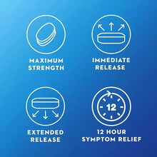 Extended-release and immediate-release tablet label with 12-hour symptom relief icons