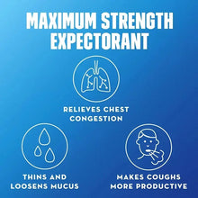 Maximum strength expectorant label with chest congestion and mucus-loosening icons