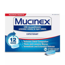 Extended-release expectorant tablets box with Mucinex logo and 12-hour label