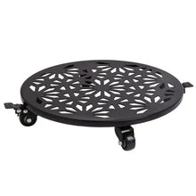 Black round plant caddy with geometric cutouts and four caster wheels
