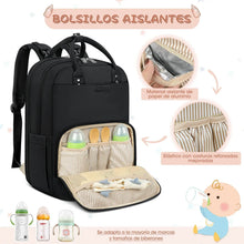 Black diaper bag backpack with insulated compartments and striped changing pad
