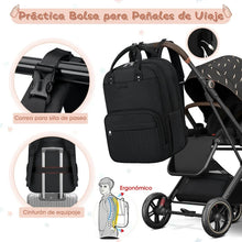 Black diaper bag backpack attached to stroller with front zip pocket