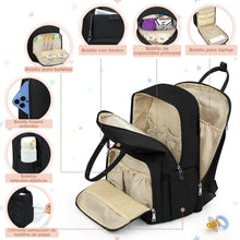 Black and beige diaper bag backpack with open side pockets and striped changing mat