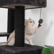 Dark grey cat tower with perches, sisal posts, and hanging ball toy