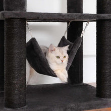 Dark grey cat tower with hanging hammock bed and two open cubbies