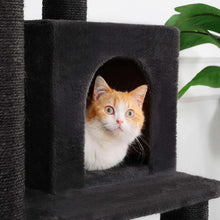 Dark grey cat tower with enclosed cubby bed and flat top platform