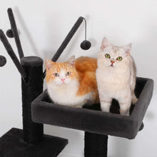 Dark grey cat tower with front edge platform and two hanging rope toys