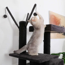 Dark grey cat tower with wide top platform and rope toy balls