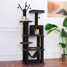 Dark grey cat tower with stacked perches, a cubby house, and hanging hammock