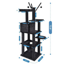 Dark grey cat tower with platforms and ramps; height diagram markings