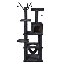 Dark grey cat tower with multiple levels, posts, and hanging rope toys