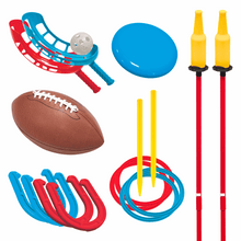 Multi-game sports set: flying disc, football, rings, and bottle-bash holders
