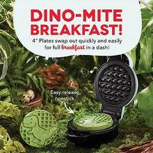 Mini waffle maker with dinosaur-pattern plate, open housing and lower cooking plate