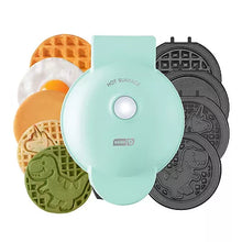 Waffle maker plate set with dinosaur, waffle, and character patterns and teal lid