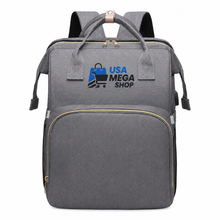 Gray diaper bag backpack with top handle and front zipper pocket