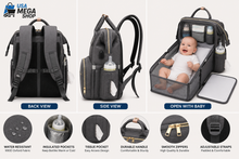 Diaper bag backpack with adjustable straps, bottle pocket, and open changing mat