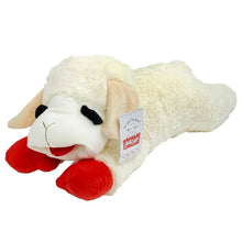 Jumbo plush lamb dog toy with cream body, red legs, and stitched smiling face