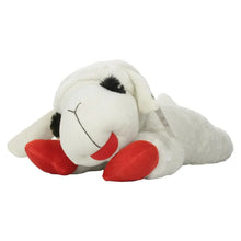 Plush lamb dog toy with cream fur, red paws, and embroidered nose and smile