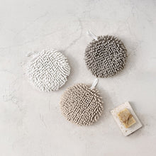 Multipurpose noodle hand towels, 3-pack with pom-pom loops in white, tan, and gray