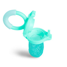 Mint blue baby food feeder with loop handle and mesh teether pouch