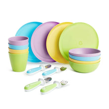 Multi-color 16-piece toddler dining set with cups, bowls, plates, and utensils.
