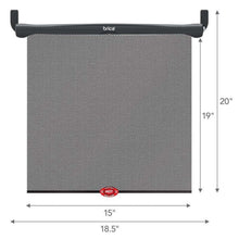 Black mesh car window baby roller shade with dimensions, 15 in wide